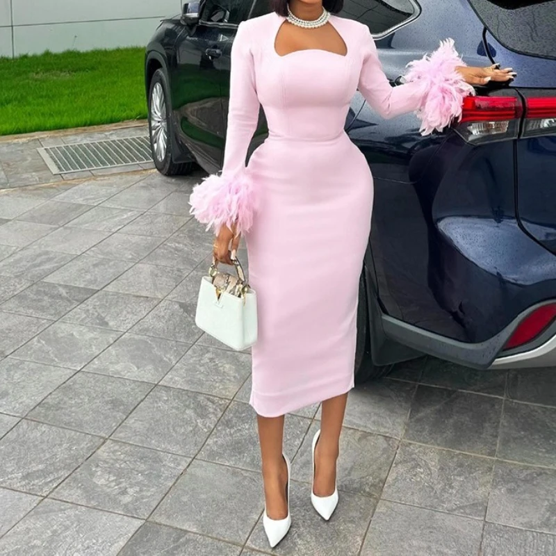 Femmes Sexy taille haute à manches longues plume ourlet Flare à manches longues robe moulante 2025 élégant soirée Club robes de fête d'anniversaire