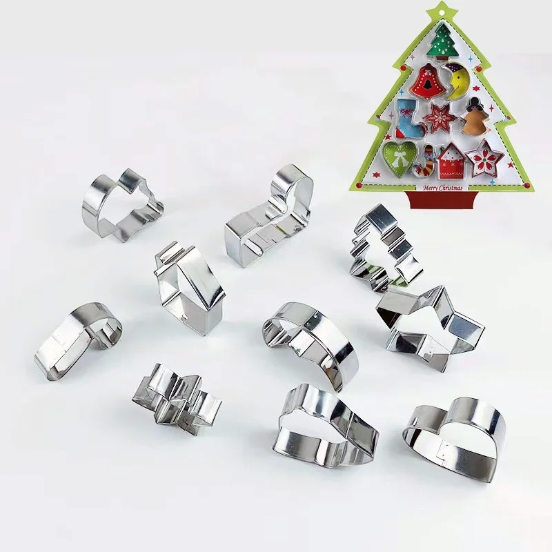 6/10Pcs Set Christmas Cookie Cutters Stainless Steel Xmas Tree Star House Bells Snowflake Baking Cake Biscuit Fondant Mold