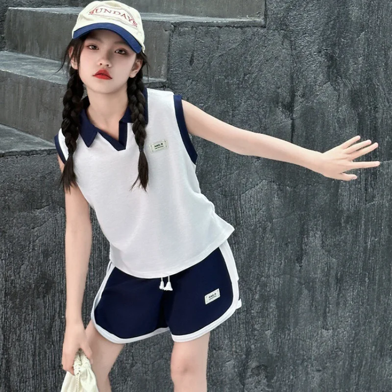 Girls Suits Summer Sleeveless Children Wear 2024 New Korean Version Women Big Children Sports Jacket Shorts Simple Fashion