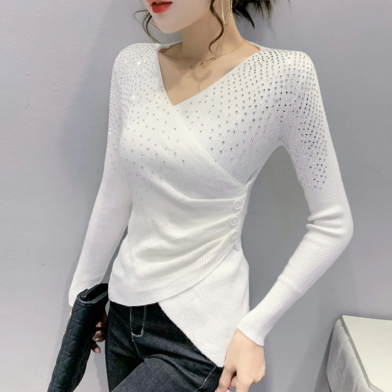 MadBlack European Clothes Sweater Women V Necks Irregular Slim Diamonds Knit Top Long Sleeve Elastic Tshirt Autumn T39107JC