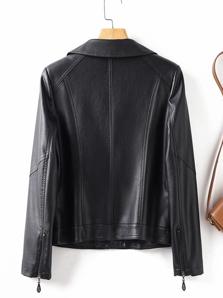   닝 정품 가죽 자켓 여성용 숏 슬리브 2025 가을 겨울 신상 블랙 오토바이 양가죽 코트 여성 패션