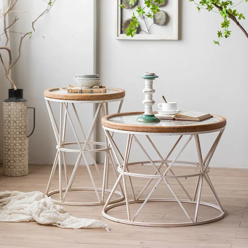 Almacenamiento de hierro forjado antiguo retro francés, mesa redonda pequeña, sala de estar, dormitorio, almacenamiento, café pequeño