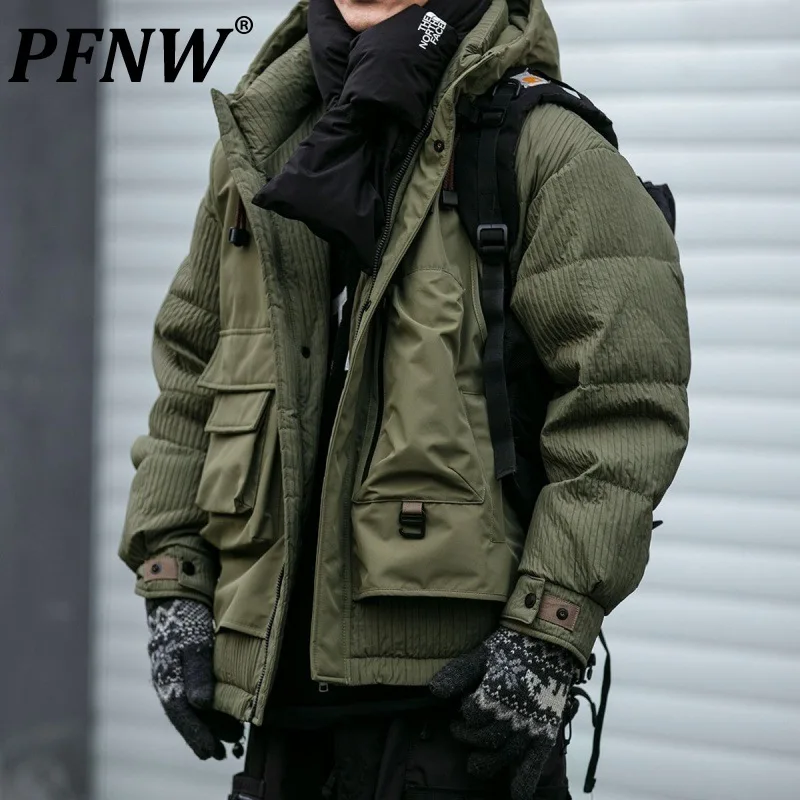 PFNW Winter Outdoor Splicing Design Workwear Hooded Down Jacket Men's Trendy Loose Fit Big Size Couple Warm Witner Coat 12C1283