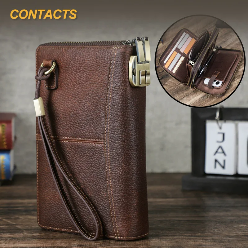 HTS-MC1044 Retro casual RFID anti-theft brush men's wallet Airtag anti loss tracker multifunctional horizontal wallet