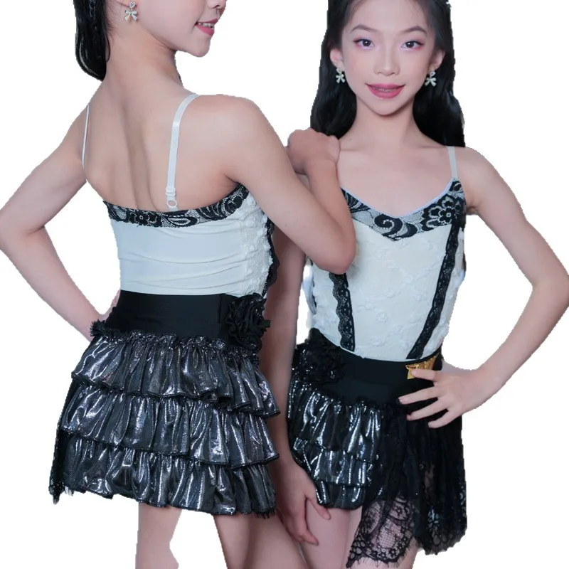 Customized Latin Dance Suit Practice Dress Girls Competition Performance Dress White Top+black Three-layer Cake Skirt Split Set