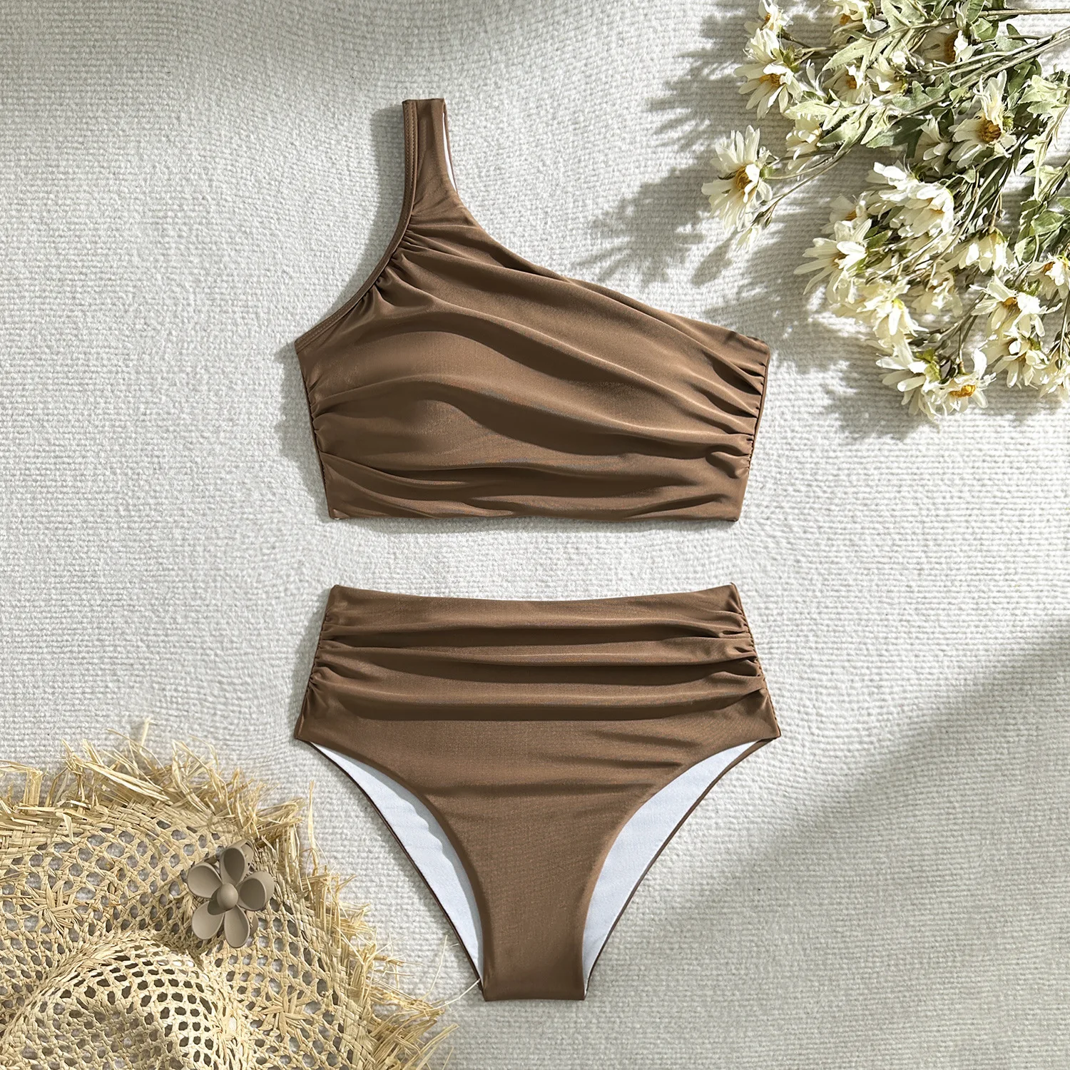 Sexy schlichte One-Shoulder-Bikini-Sets, zweiteilig, faltige Badeanzüge mit hoher Taille, Strandmode, Badeanzug, Bademode, Biquini, Tankini