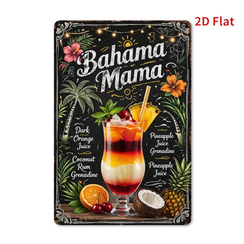 2D Flat, 2D Flat - [2Dflat]1pcs 11.81X7.87inch- Vintage Bahama Mama Roostertail Metal Sign, Retro Tiki Bar Tin Plaque, Tropical
