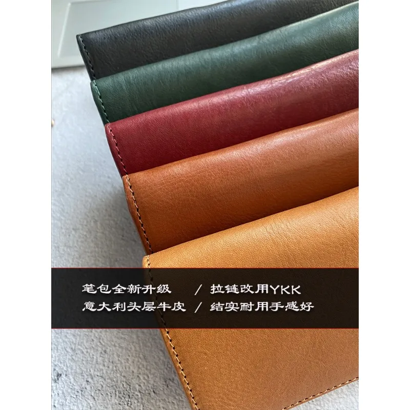 Office Student Cowhide Retro Crazy Horse Leather Square Zipper Pencil Case Creative Large Capacity Ticket Storage Box