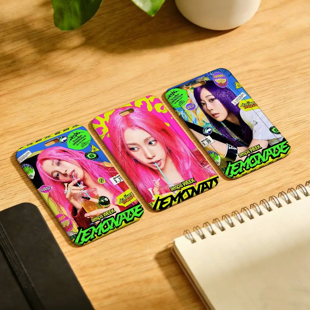 Kpop A-AeSpA-A Band Lemonade Fashion Lanyard Pull Back Clip Holder and Card Holder Rotating Back ID Card Family Gift