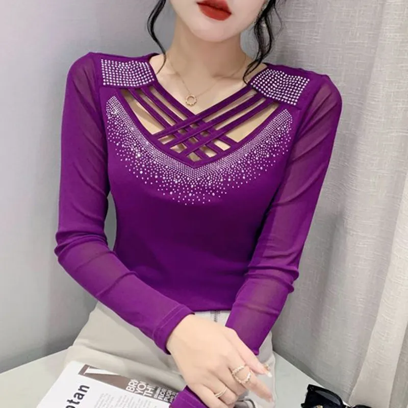 New Fashion 2023 Autumn Women\'s T-Shirt Chic Cross Hollow Out Hot Diamonds Long Sleeed Mesh Tops Female All Match Tees Blouse