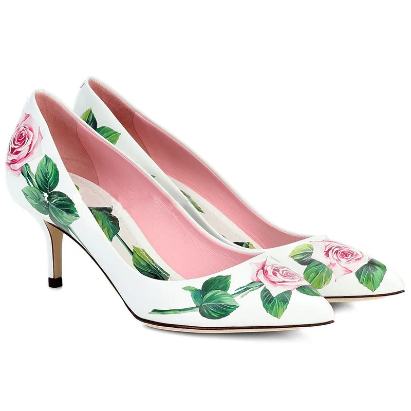 Pink Diamond Crystal Flower Pumps Rose green Leafs Printing Slingbacks High Heels Pointed Toe Woman Floral Wedding Shoes