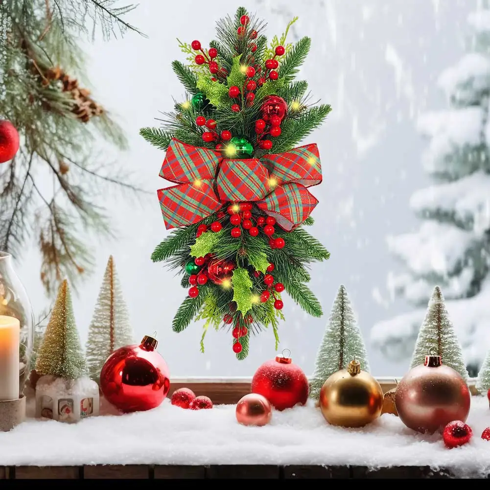 جليمي اكاليل عيد الميلاد بريليت غنيمة مع سلسلة ضوء ، نافذة الجدار معلقة زخرفة ، درج تقليم لحزب عيد الميلاد ، الشتاء