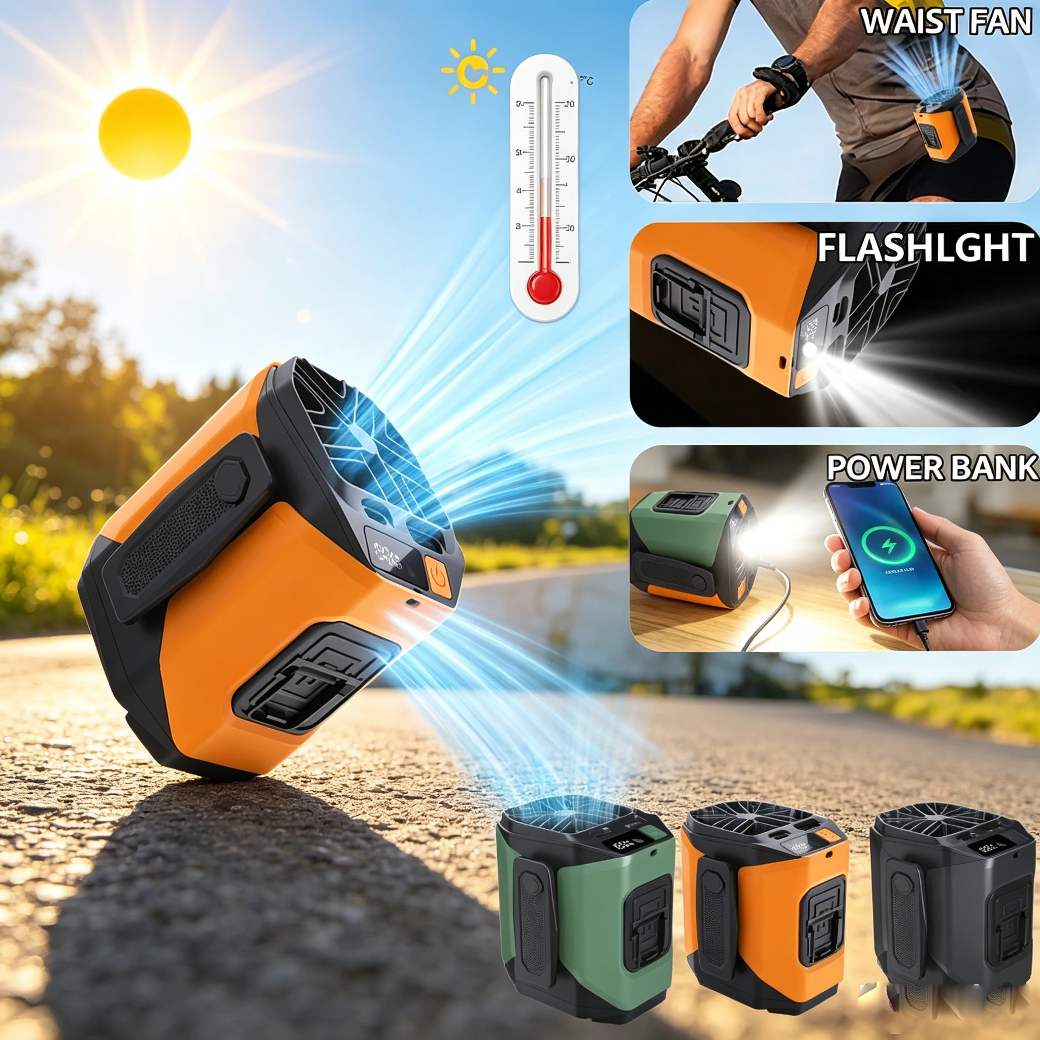 Waist Fan with Power Bank Lighting 5 Speeds Portable Fan Hands Free Rechargeable Fan Battery Level Display USB Charging Fan