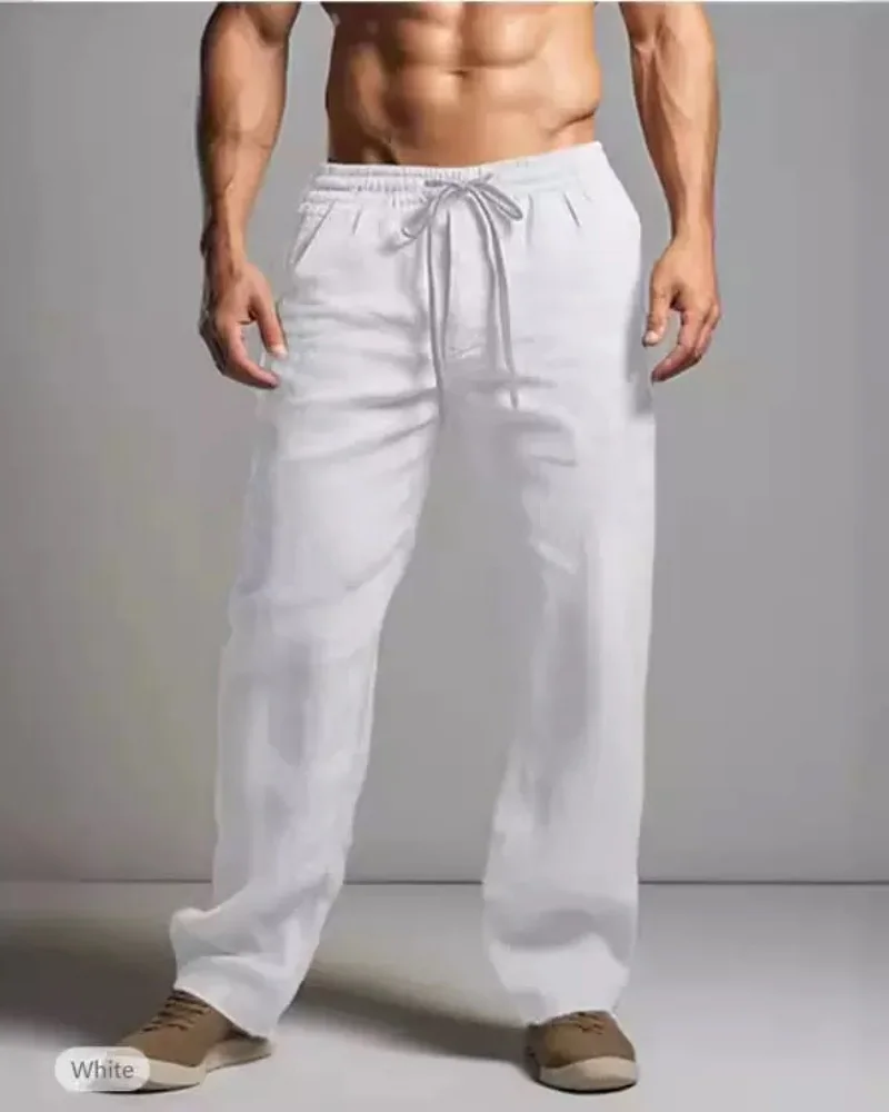 

Men Summer Cotton Linen Casual Pants Elastic Waist Drawstring Loose Straight Leg Breathable Beach Pants With Pockets