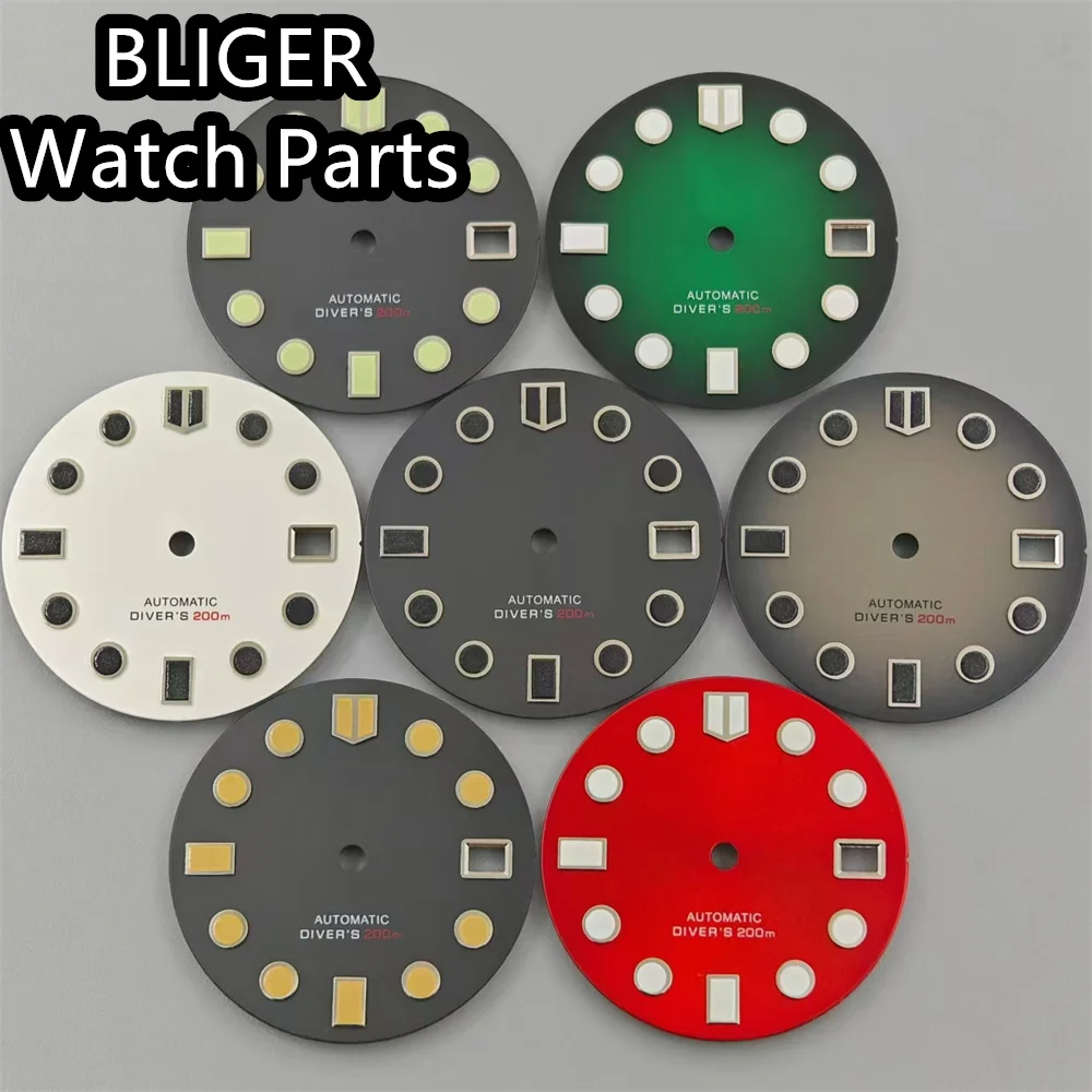 

BLIGER 29mm Sterile Watch Dial Green Luminous Fit NH35 NH36 Movement With Calendar Window Fit 3.0/3.8 O'Clock Crown