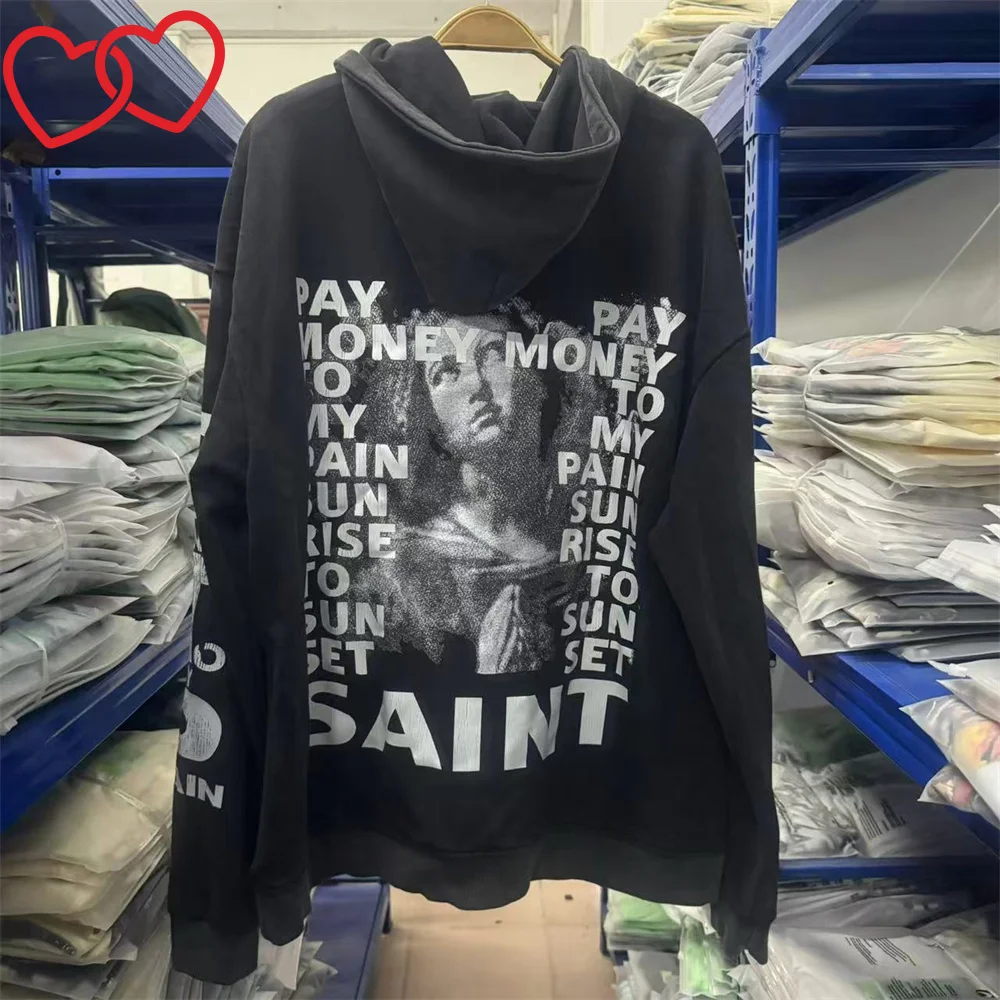 

High Quality Washed Saint Vintage Graphic Print Hoodie Men Harajuku Crewneck Streetwear Pullovers Sweatshirt for Men