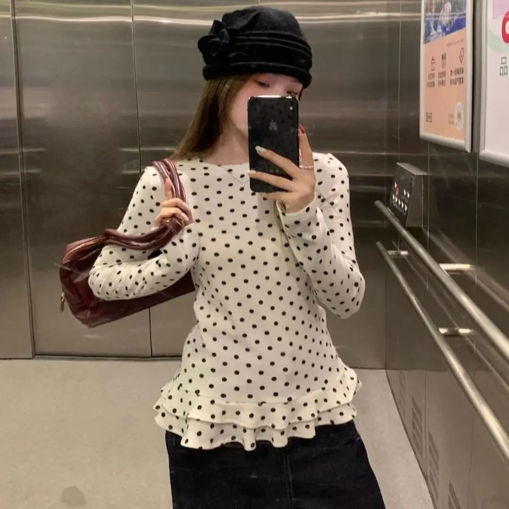 Nueva Blusa de Moda con Volantes y Estampado de Puntos, Manga Larga, Delgada y con Capas, para Mujer y Niña, Top Interior Vero Moda