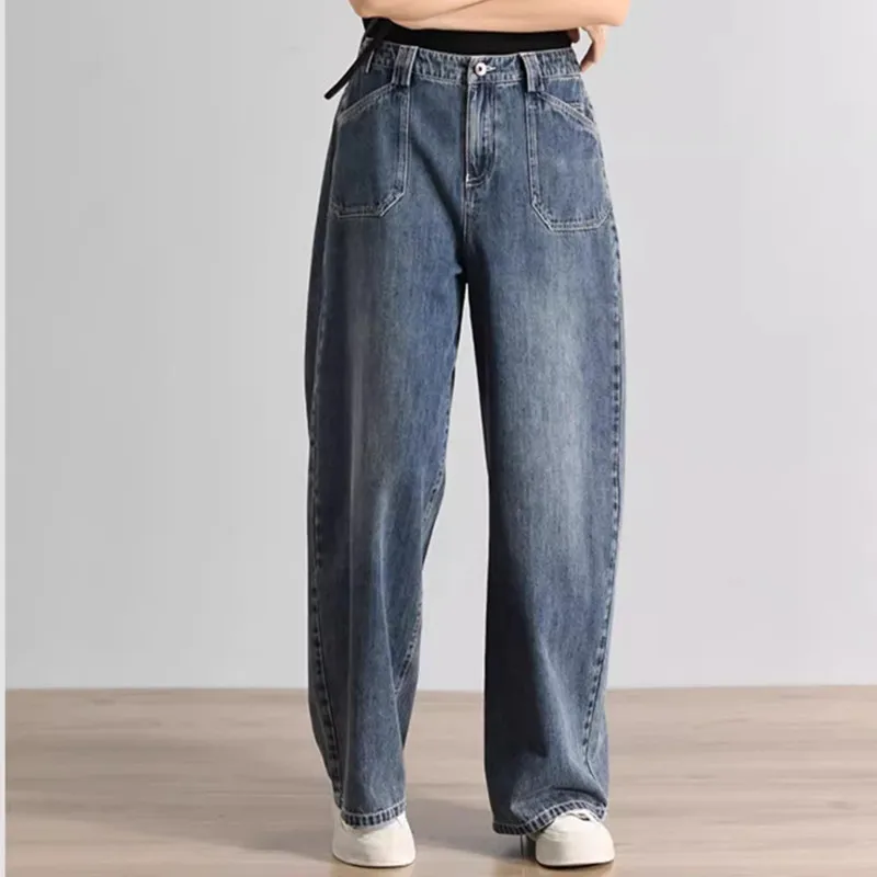 

6006 Spring Vintage Washed Simple Wide Leg Casual Jeans For Women High Wiast Loose Fashion Streetwear Blue Denim Pants Female