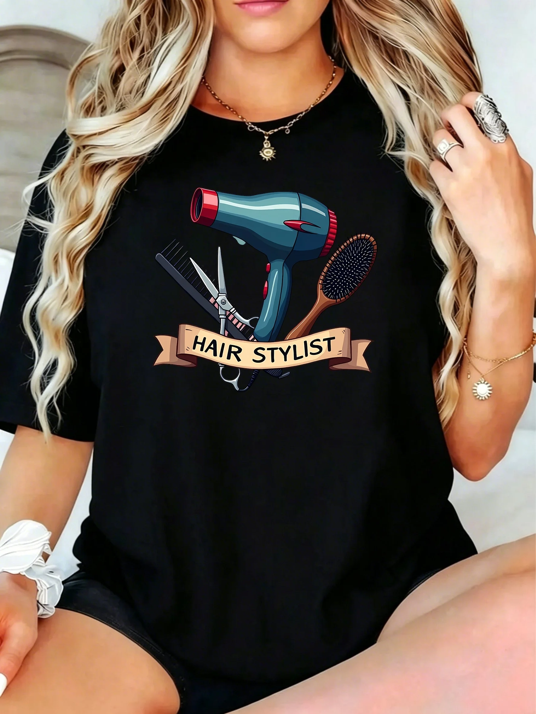 1Pcs Plus Size Women T-Shirt, Hair Dryer Scissors Comb Brush Hair Stylist Shirt, Loose Type Shirt for Women