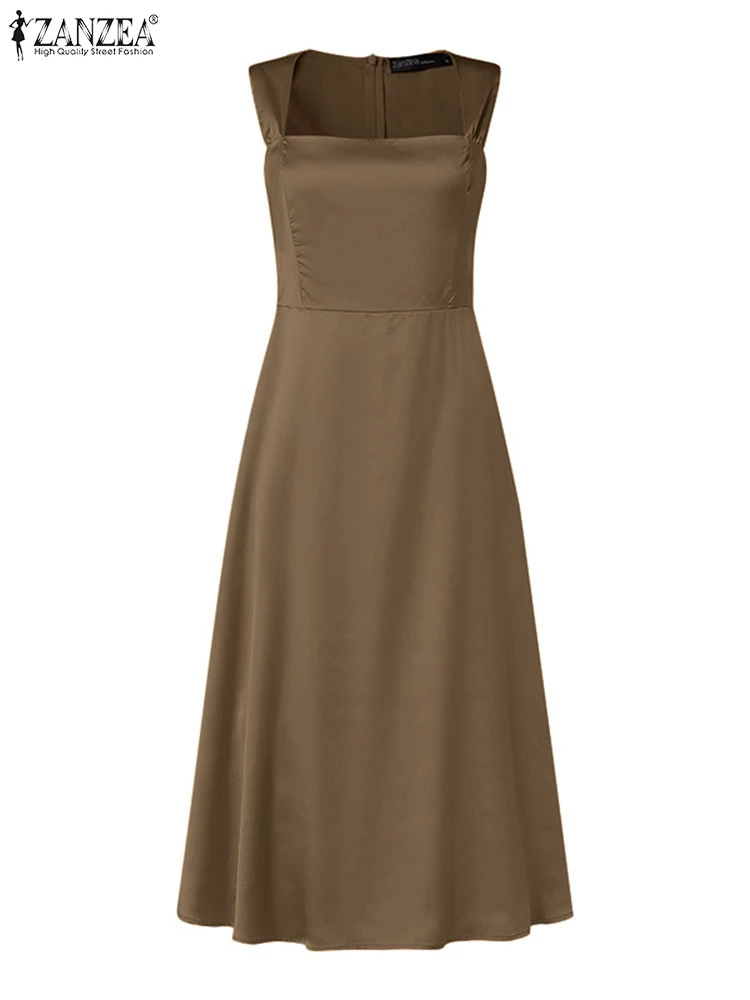 Women Solid Satin Dresses ZANZEA Fashion Sleeveless Tank Sundress Casual Loose Party Square Collar Robe 2025 Summer Maxi Dress