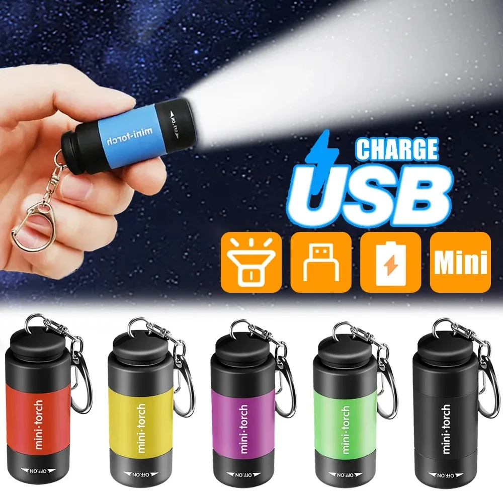 Mini LED Keychain Flashlight  USB Charging Pocket Torch Rotary Switch Waterproof Flashlights Outdoor Camping Hiking Bright Light