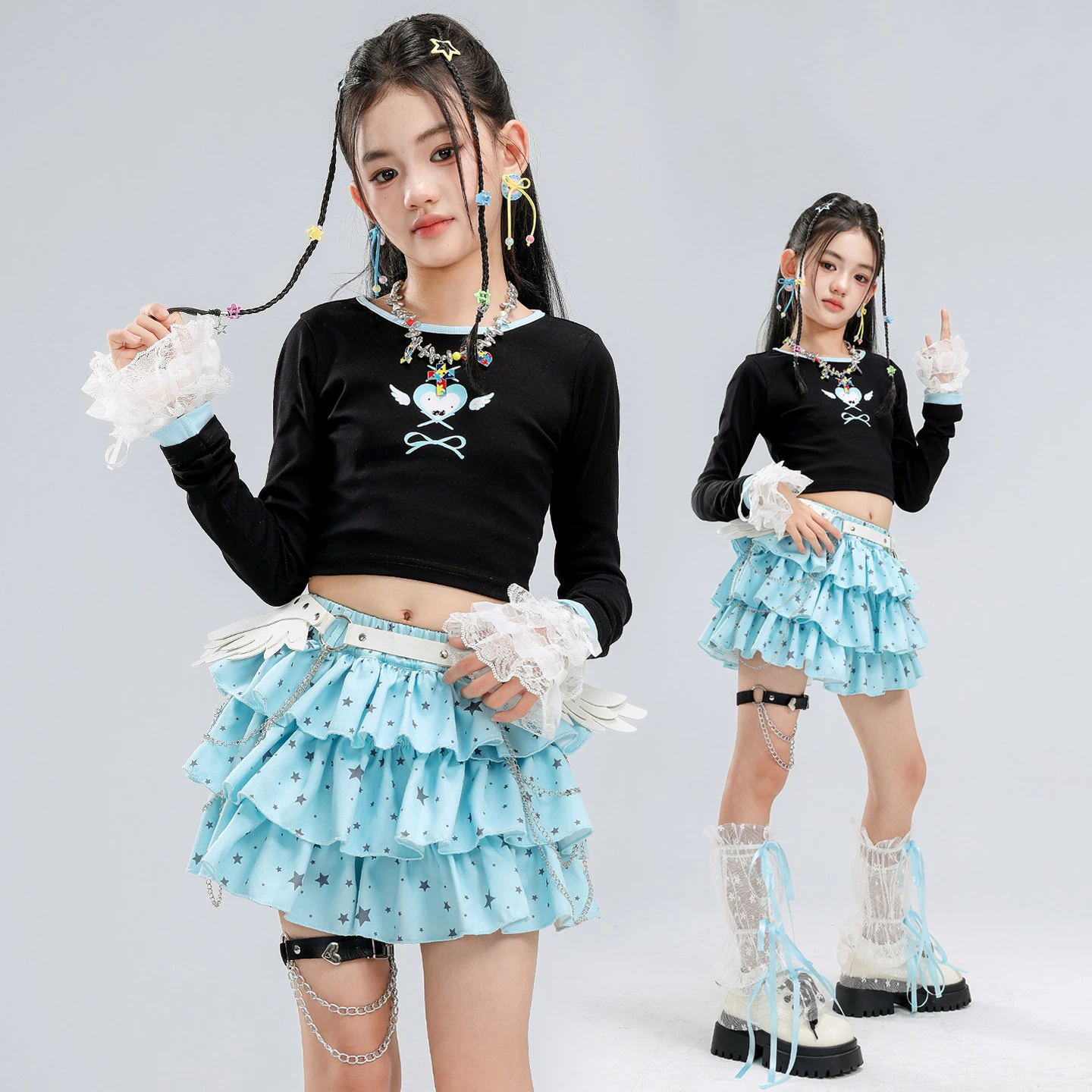 Kids Jazz Dance Clothes Girls Long Sleeves Tops Blue Skirt Runway Concert Stage Costume Kpop Hip Hop Performance Outfit BL20165