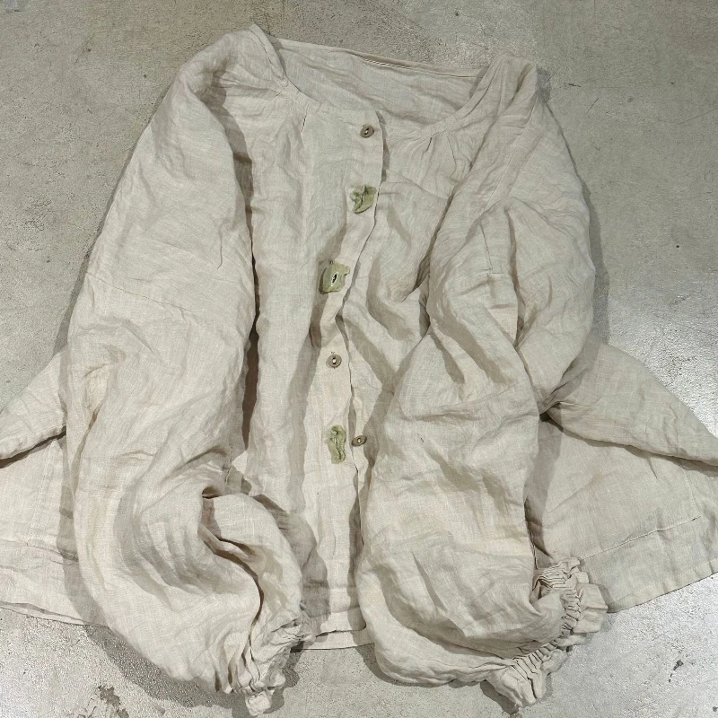 Kobiety 100% Ramie bufiaste rękawy wysokiej jakości jednorzędowa koszula i topy 2025 letnie długie rękawy przyczynowy oryginalny Design Blusa