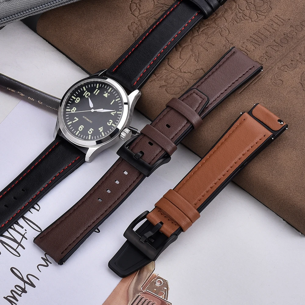 Top Leather Silicone Watch Strap 20mm 22mm Soft Material Silicone Watch Band Leather Wrist Strap Universal Watch Accessories Men