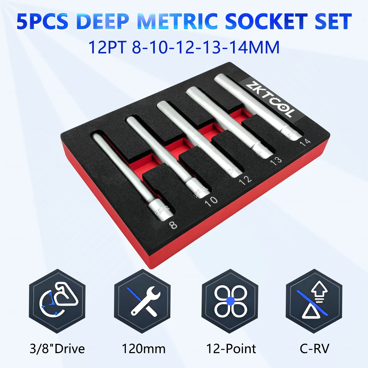 Extra Deep Socket Set 5 Pieces 3/8 Drive Adapter Cr-V Deep Well Sockets - 6 Point 5/8 and 13/16 Inch - 12 Point 14, 16 and 18 mm