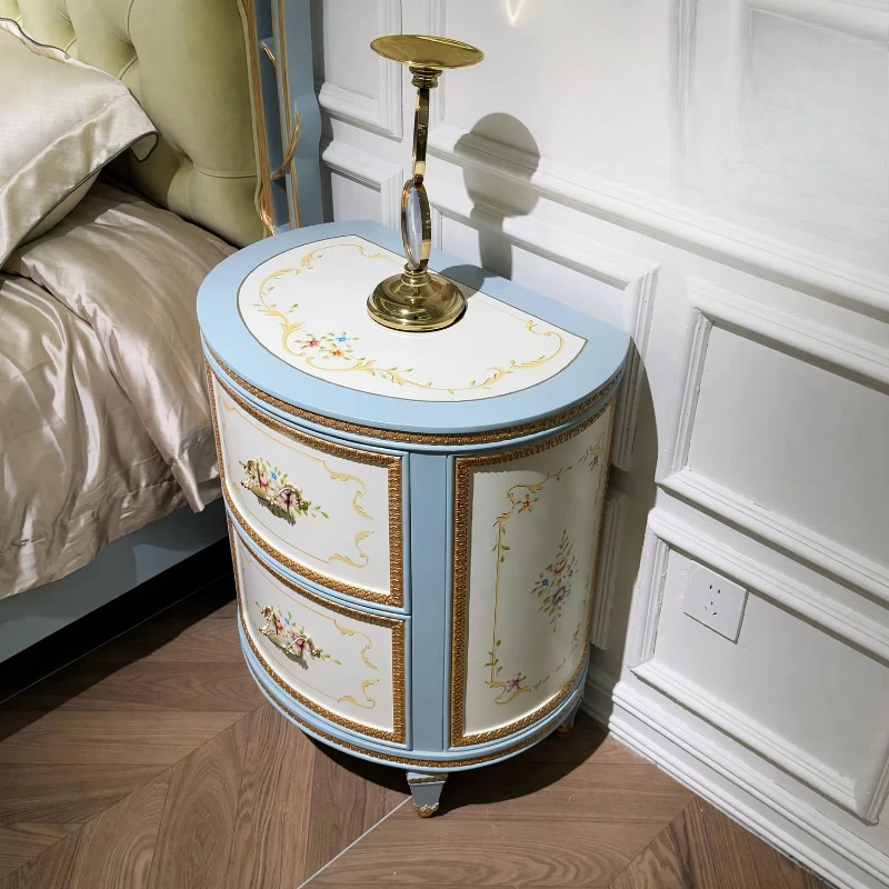 European classical Baroque style hand-painted floral wood carving semicircular French luxury nightstand