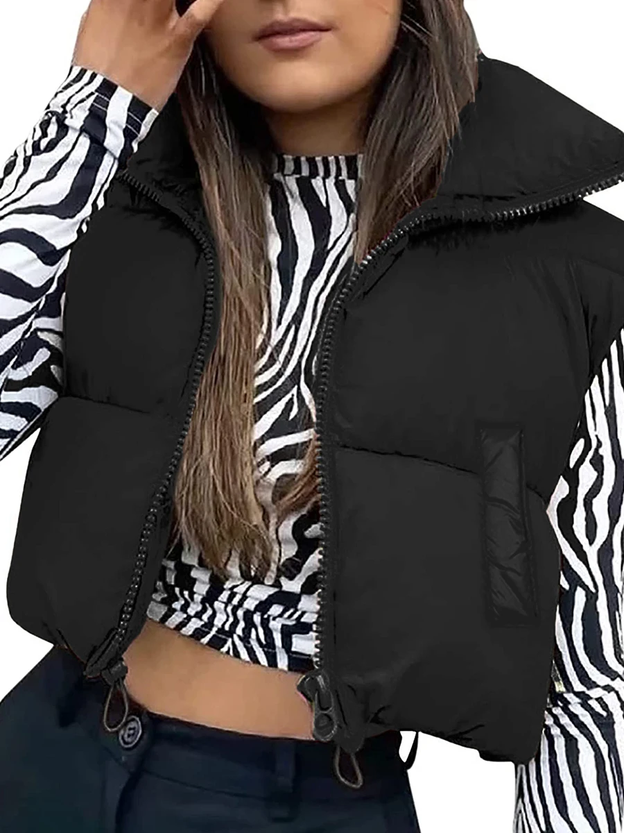 Women Winter Warm Crop Waistcoat Sleeveless Stand Collar Double Sided Lightweight Puffer Black Vest Slim Fashion Streetwear