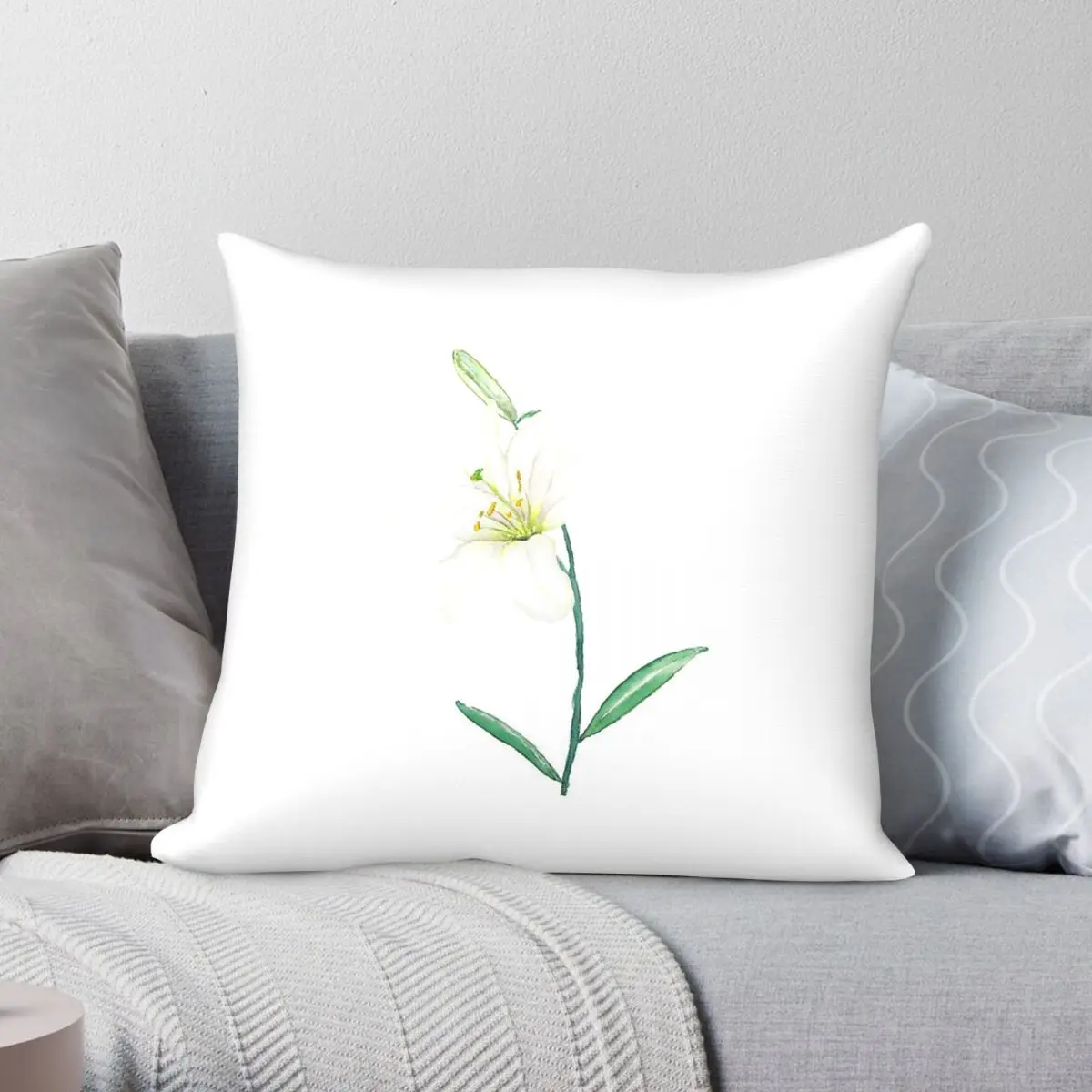 White Lily Watercolor Square Pillowcase Polyester Linen Velvet Pattern Zip Decor Sofa Seater
