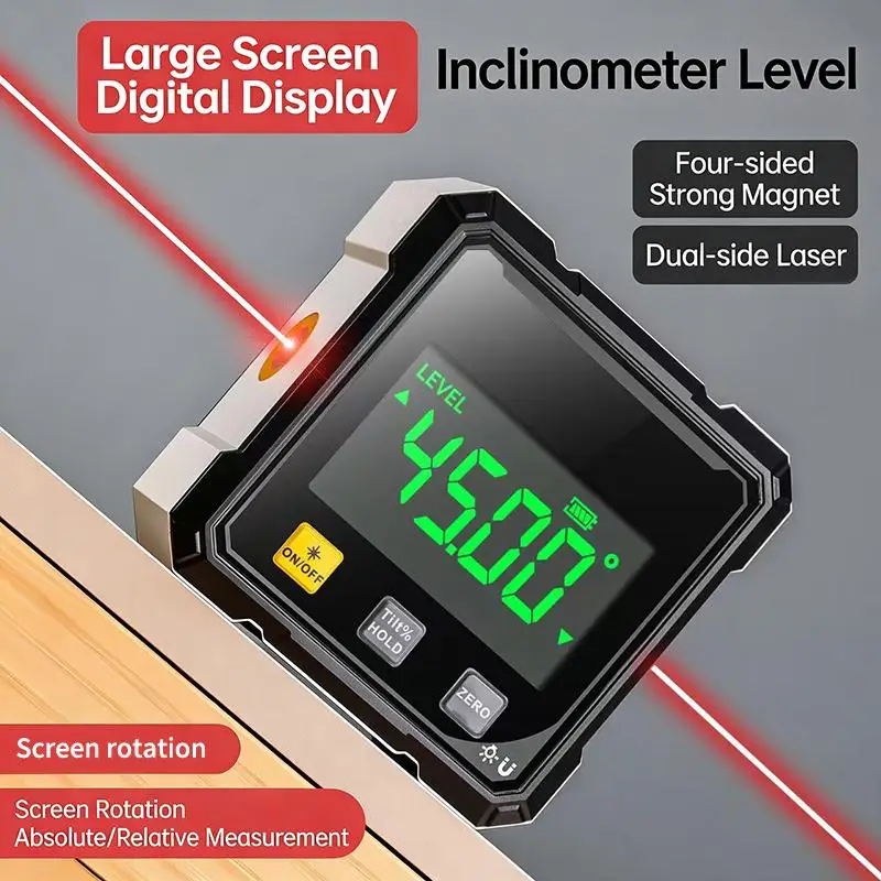 Angle Ruler Electronic Four Sided Magnetic Suction Double Laser Tilt Level Measurement Tool For Slope Inclination Detection