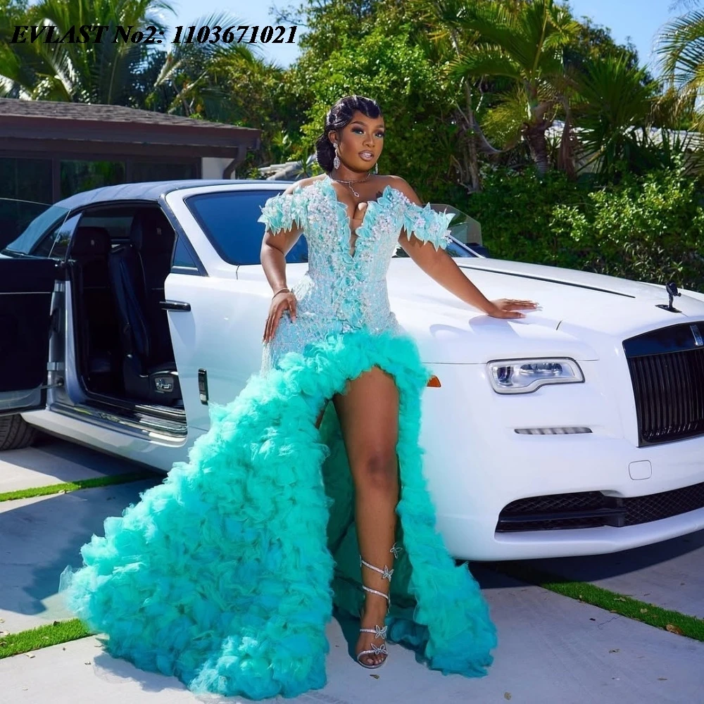 

EVLAST Customized Luxury Green Ruffles Prom Dress Mermaid Diamond Crystal Beaded Black Girl High Slit Evening Party Gown E2P134