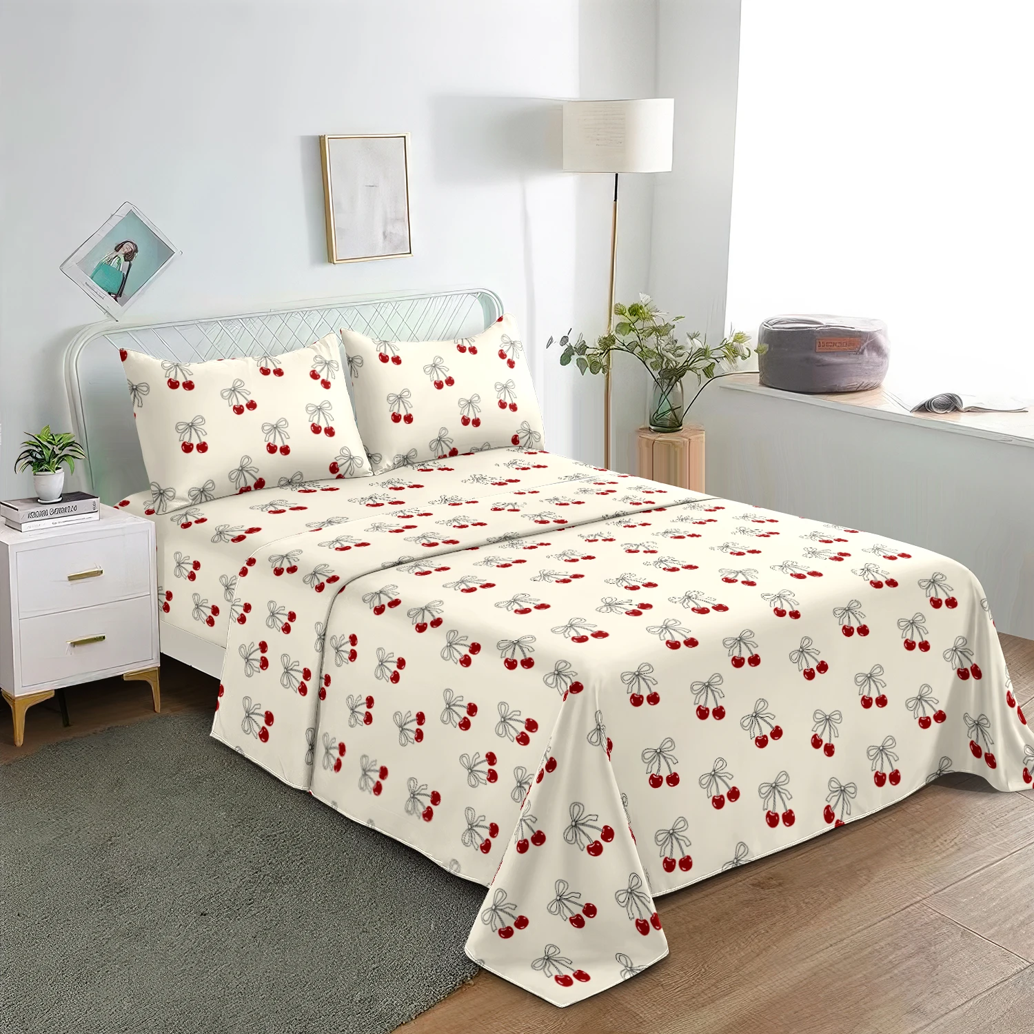 4Pcs Coquette Cherry Bow Fitted Sheet Bedding Set, Cream White Cute Red Cherry & Bow Print Flat Sheet Fitted Sheet