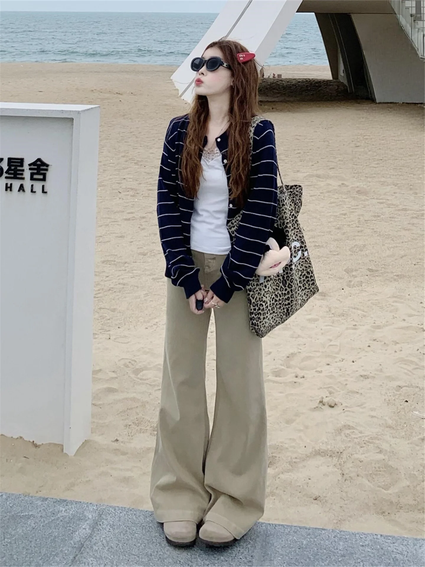 

Khaki Low-Waist Flared Jeans Women's Loose Drapey High Waist Extended Floor-Length Wide Leg Pants Casual Cotton Denim