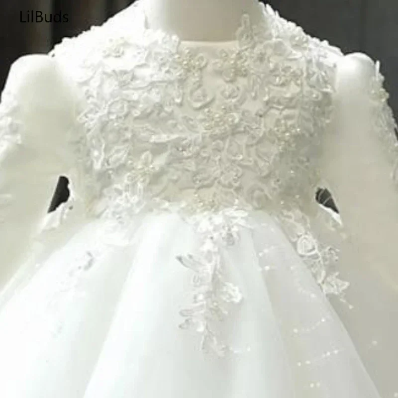 

One Year Old Baby Birthday Princess Dress Sleeve White Spring And Autumn Flower Girl Wedding Kids Children High-End Long