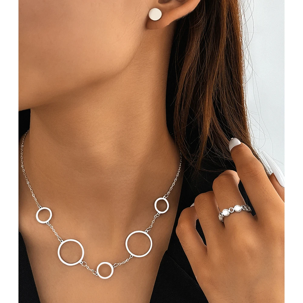 Stainless Steel Jewelry Sets Hoop Earrings Hollowed Out Ring Empty Hoop Necklace Jewelry Sets For Women Jewelry Banquet Gifts