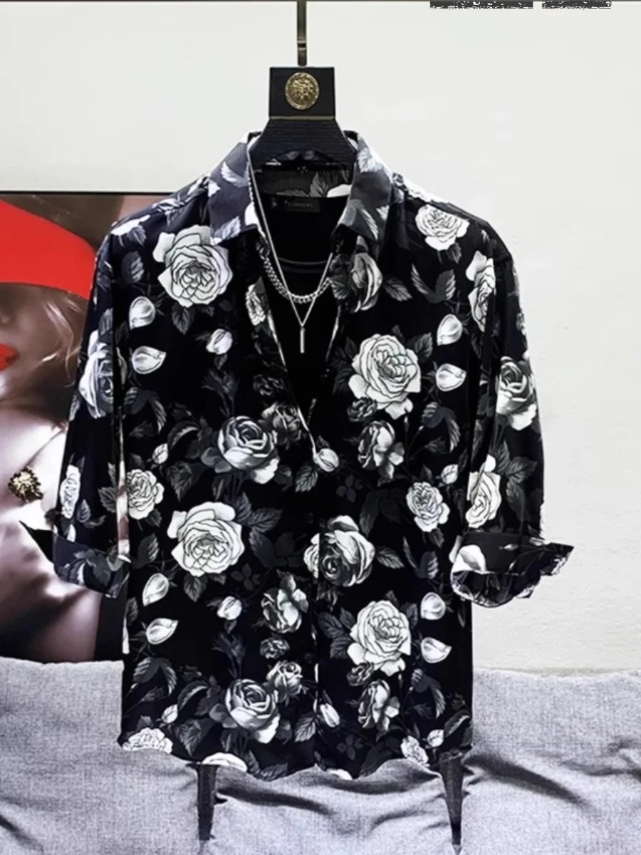 

Мужская летняя рубашка из шелковистого шифона в стиле ретро с цветочным принтом, свободного кроя, с коротким рукавом, повседневная
