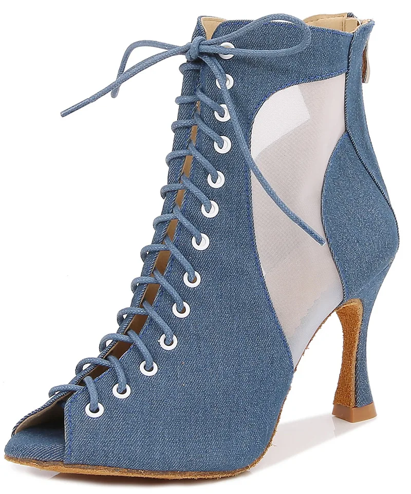 Denim Latin Dance Shoes Adult Girls Mid-heel Cut-out Sandals Jazz Dance Shoes Soft Sole Square Dance Fishmouth Dancing Boots