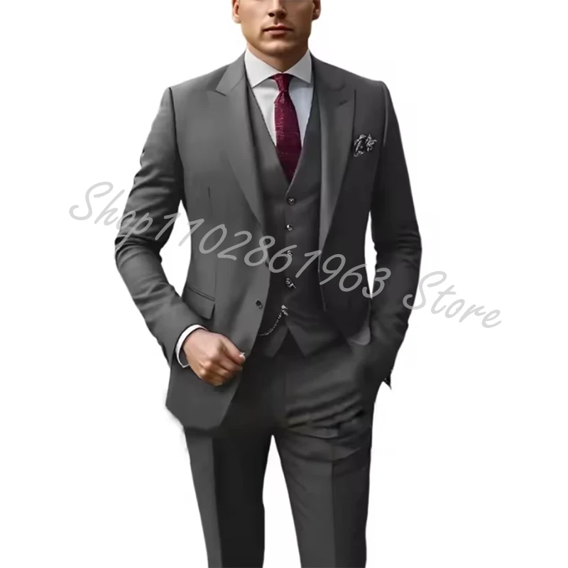 Burgundy Groom Wedding Tuxedos Groomsmen 3 Piece Slim Fit Peaked Lapel Suits Blazer Vest Pants Formal Costume Homme Mariage