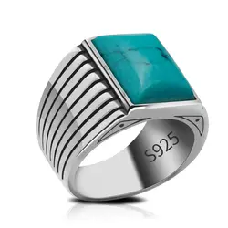 Wholesale Sliver Hand Ring 925 Sterling Silver Men Vintage Turquoise Stone Handmade Fashion Simple Rings Male