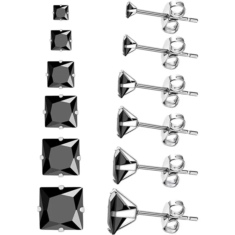 6 pairs Unisex Style Hypoallergenic 316L Medical Stainless Steel Square Cubic Zirconia Stud Earrings Perfect for Holiday Gift