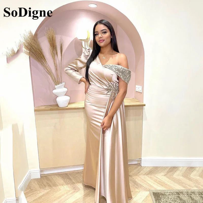 

SoDigne Duabi Evening Dresses Beadings One Long Sleeves Beads Bodycon Prom Dress For Wedding Paty Celebrity Prom Gowns