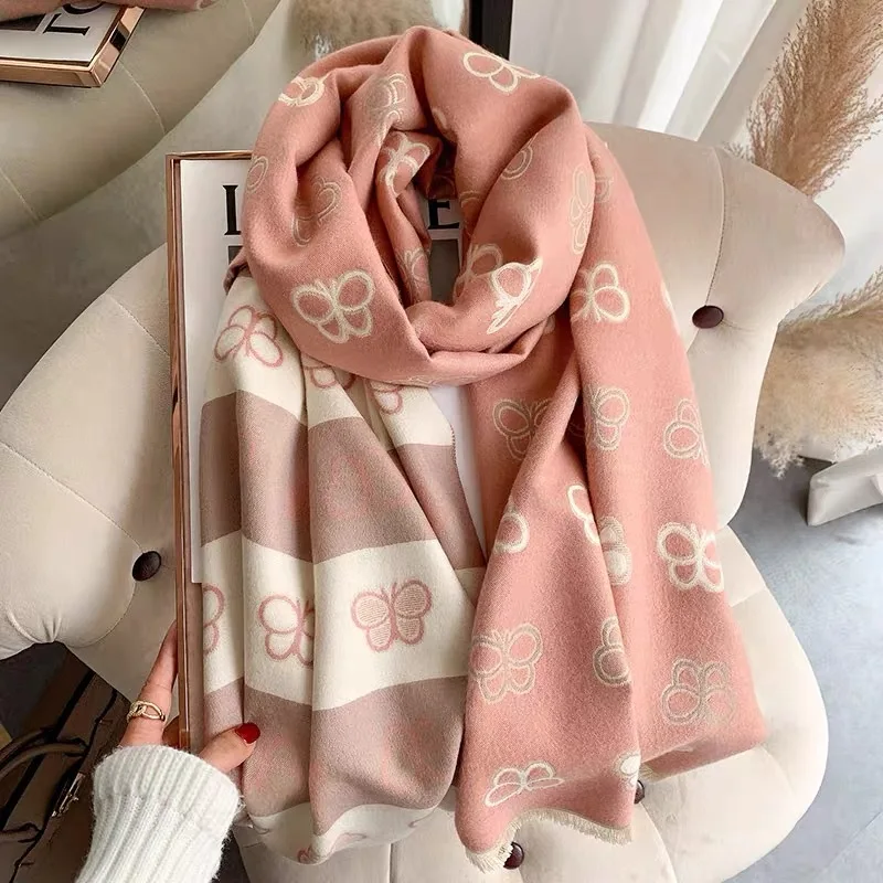 Pink Sweet Butterfly 100% Cashmere Scarf for Women Autumn and Winter Double-sided Thickening Warm Air Conditioning Shawl