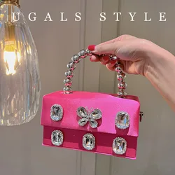 Luxury Designer Satin Square Box Crystal Shiny Diamonds Evening Bag Women's Handbag Wedding Party Clutch Purse Crossbody Bag