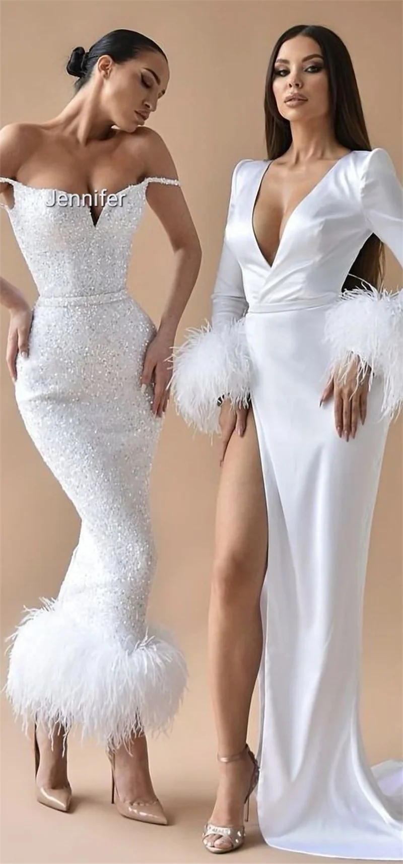 สีขาวเลื่อมเมอร์เมดผู้หญิงชุดแต่งงานเซ็กซี่ชุดเจ้าสาวหรูหรา Feather ที่กําหนดเอง Lace Up กลับ Robe