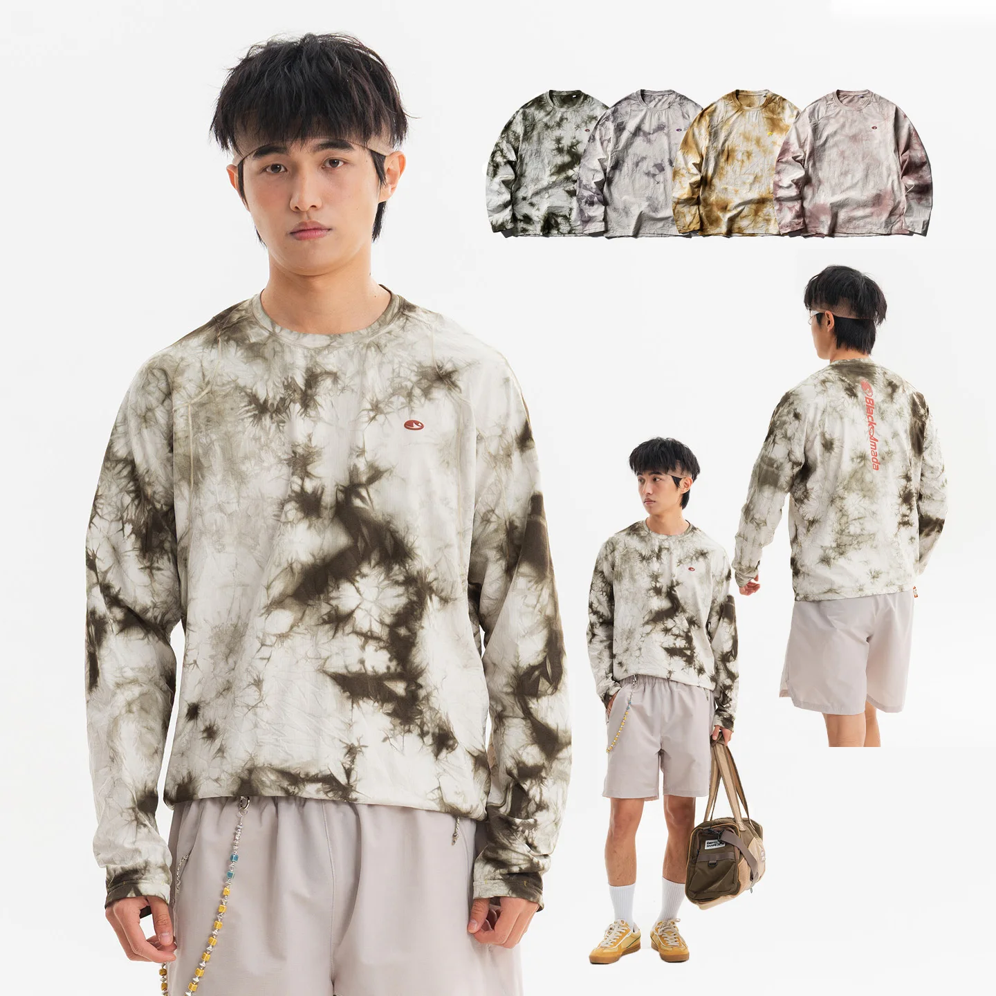Unisex Tie Dye Quick Dry Long Sleeve T-Shirt Breathable Waffle Knit Anti-Odour Athletic Top for Hiking Running City Walk