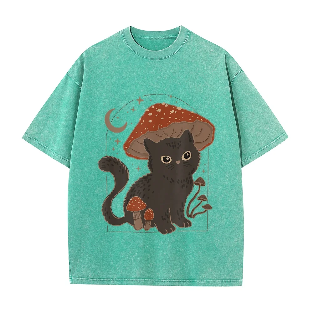 Cute Cottagcore Cat Mushroom Hat Vintage Grunge Aesthetic T-Shirt Camiseta Masculino Original Men T Shrits めんずファッション Tee Pet