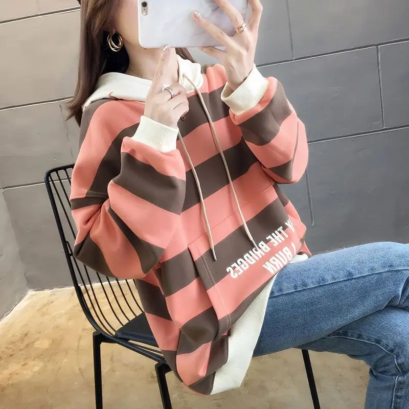 Fashion Printing Pockets Lace Up Striped Hooded Tee Shirt Female Clothing 2023 Autumn Winter Loose Casual Tops Korean T-Shirt